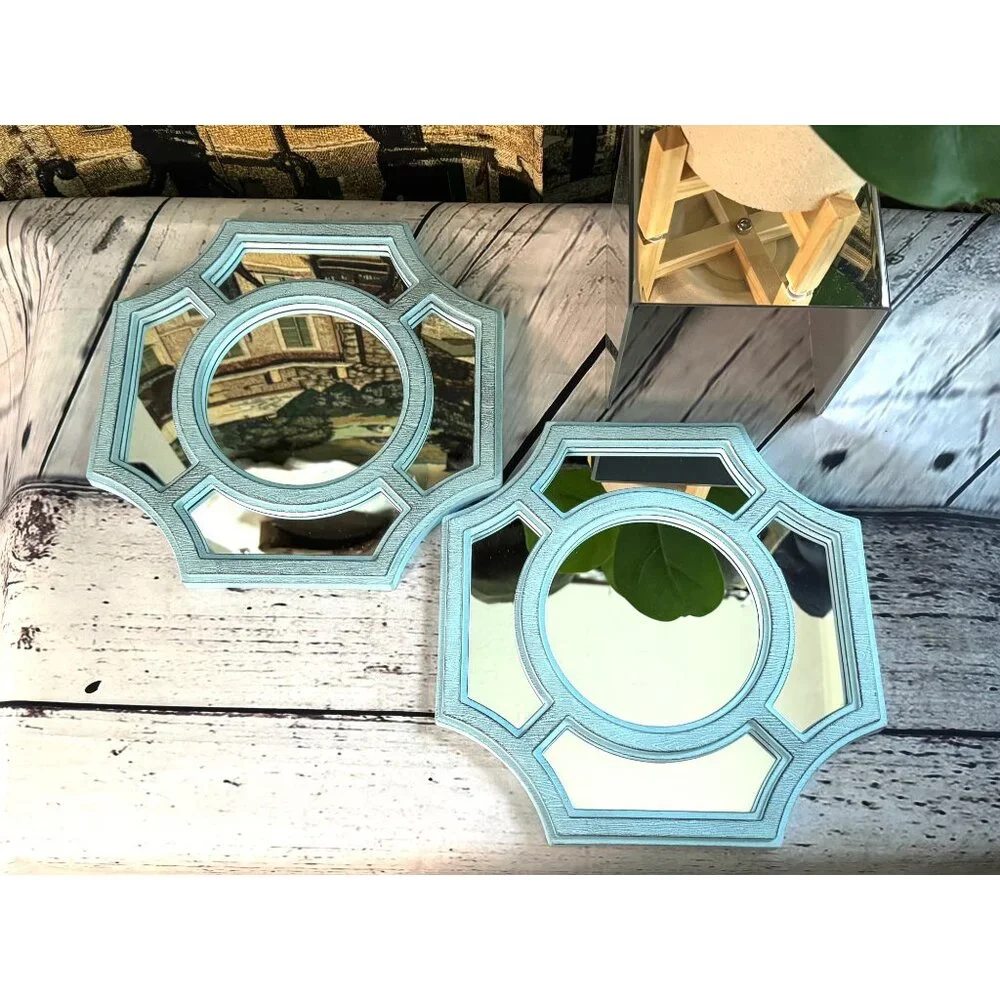 Set Of 2 Light Blue Octagonal Wall Mirrors With Geometric Design